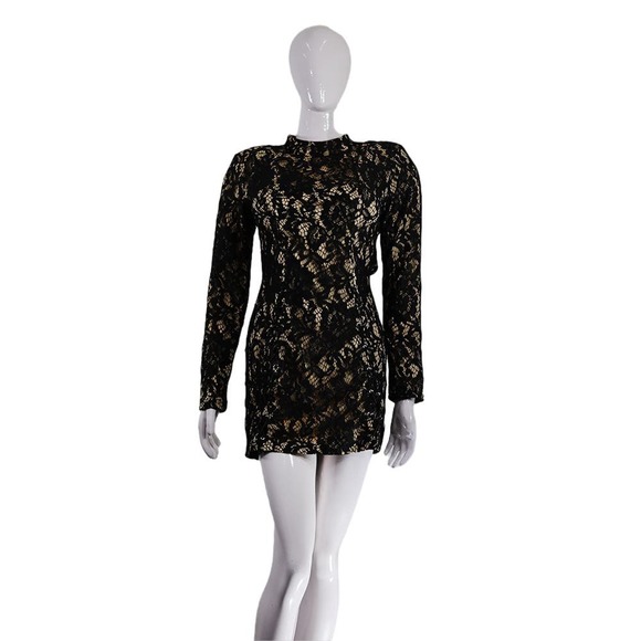 Elegant Black Gold Lace Mini Dress, Long Sleeve Bodycon - Picture 1 of 6